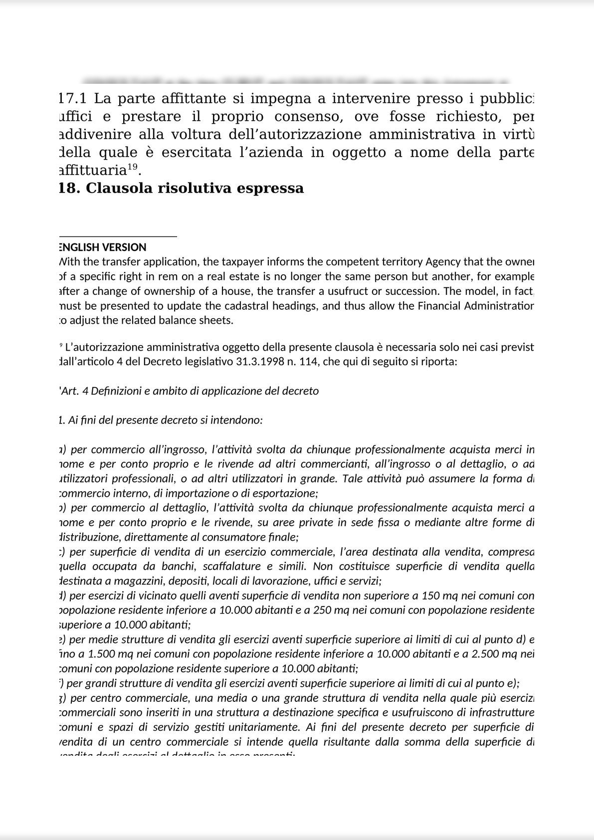 Lexub - RENTAL AGREEMENT FOR THE COMPANY AND BUSINESS UNITS / CONTRATTO ...