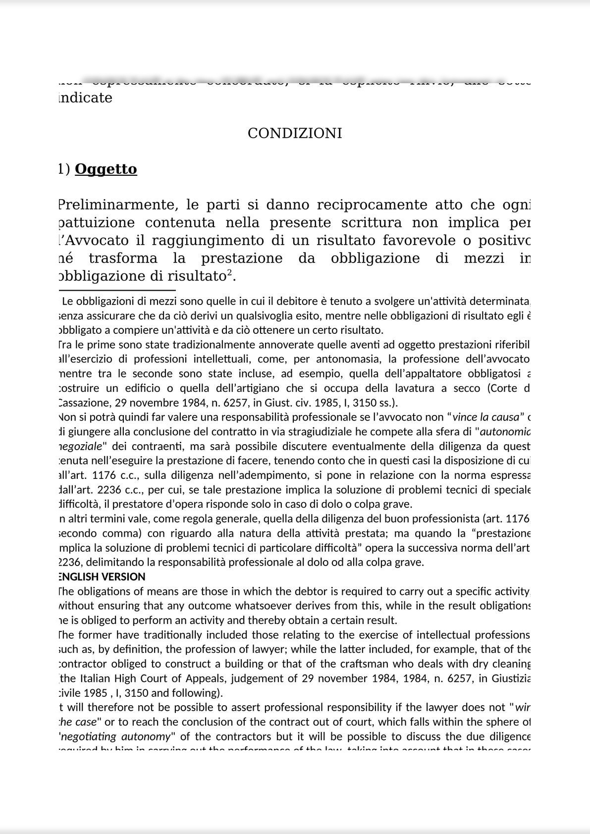 INTELLECTUAL WORK AGREEMENT FOR OUT-OF-COURT ACTIVITIES AND ATTACHMENTS 1 (PRIVACY); 2 (ANTI-MONEY LAUNDERING); AND 3 FEE QUOTE / CONTRATTO D’OPERA INTELLETTUALE STRAGIUDIZIALE-1
