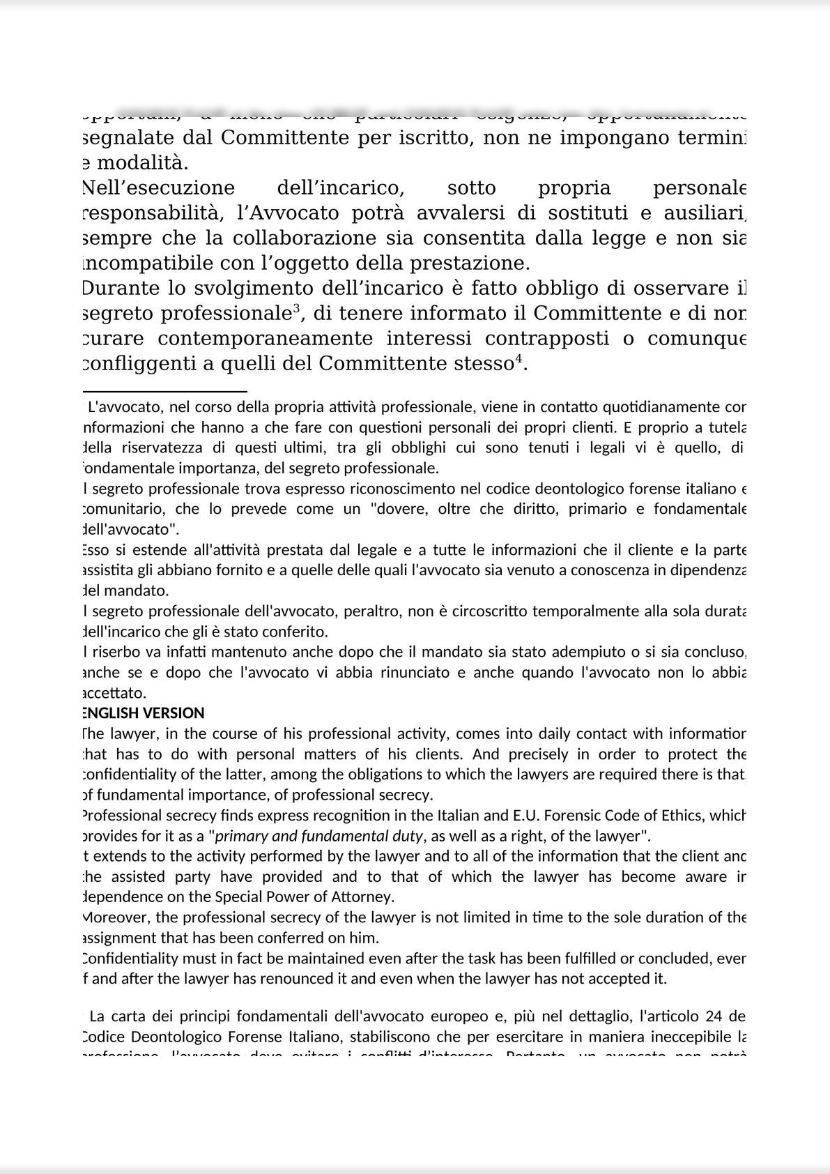 INTELLECTUAL WORK AGREEMENT FOR OUT-OF-COURT ACTIVITIES AND ATTACHMENTS 1 (PRIVACY); 2 (ANTI-MONEY LAUNDERING); AND 3 FEE QUOTE / CONTRATTO D’OPERA INTELLETTUALE STRAGIUDIZIALE-3