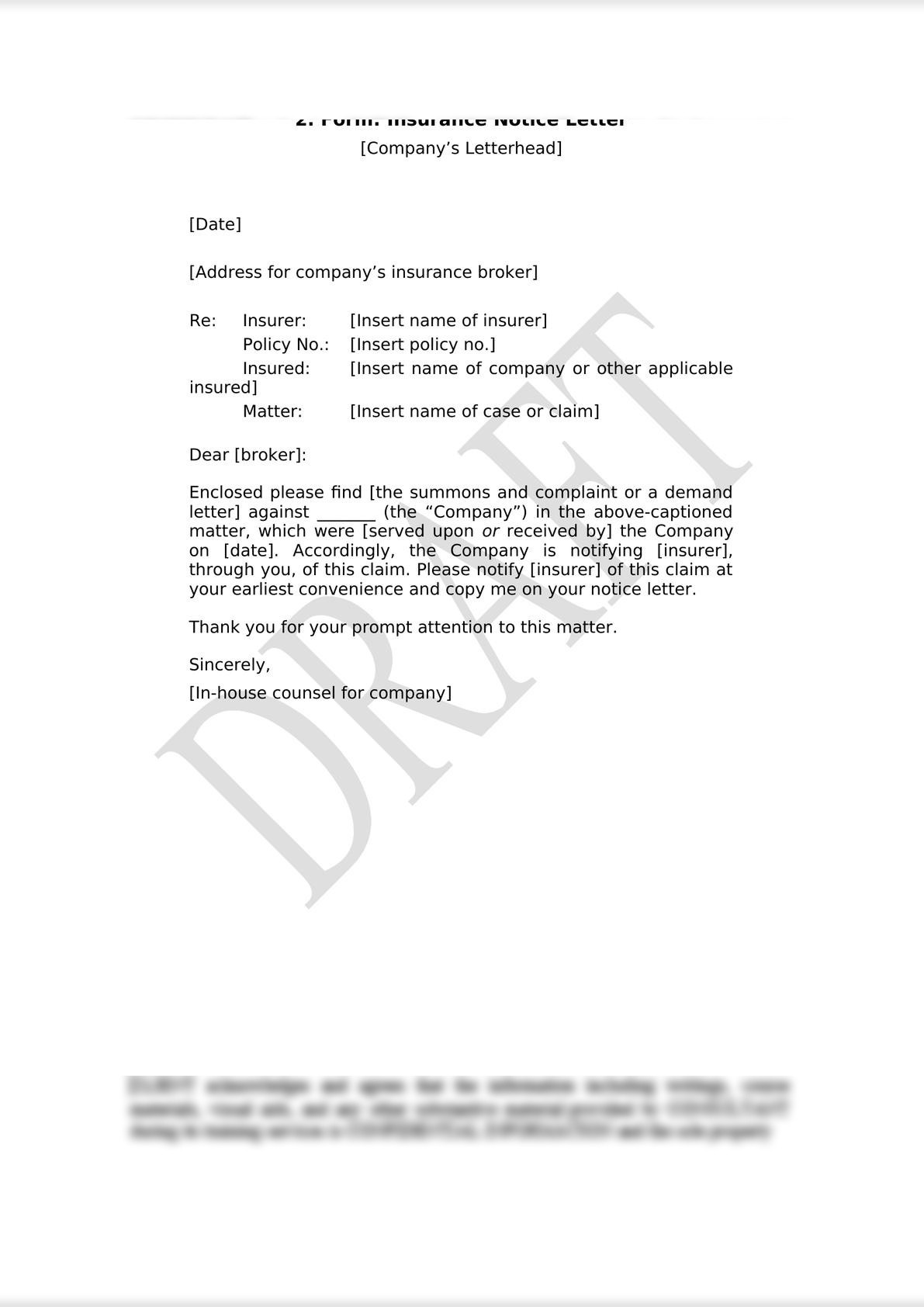 Insurance Notice Letter (Addressed by Company to its Insurer)-0
