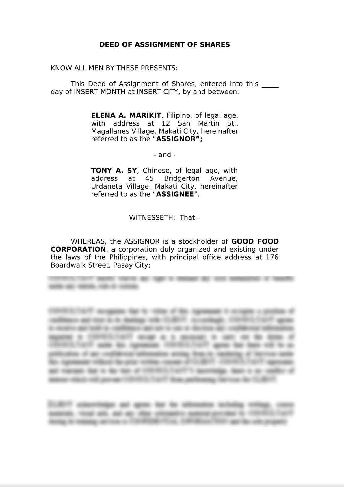 sample deed of assignment of shares of stock philippines