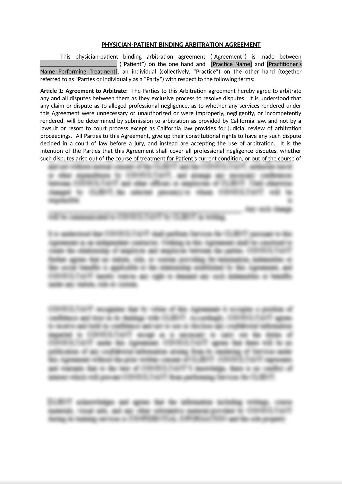 Physician Patient Binding Arbitration Agreement Template-0