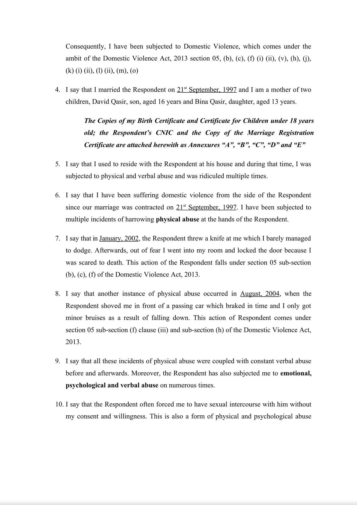 APPLICATION U/S 12 OF THE SINDH DOMESTIC VIOLENCE (PREVENTION & PROTECTION) ACT, 2013-2