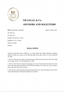 Legal Notice Under Section 32 of the Easements Act 1882 for Disturbance of Easement