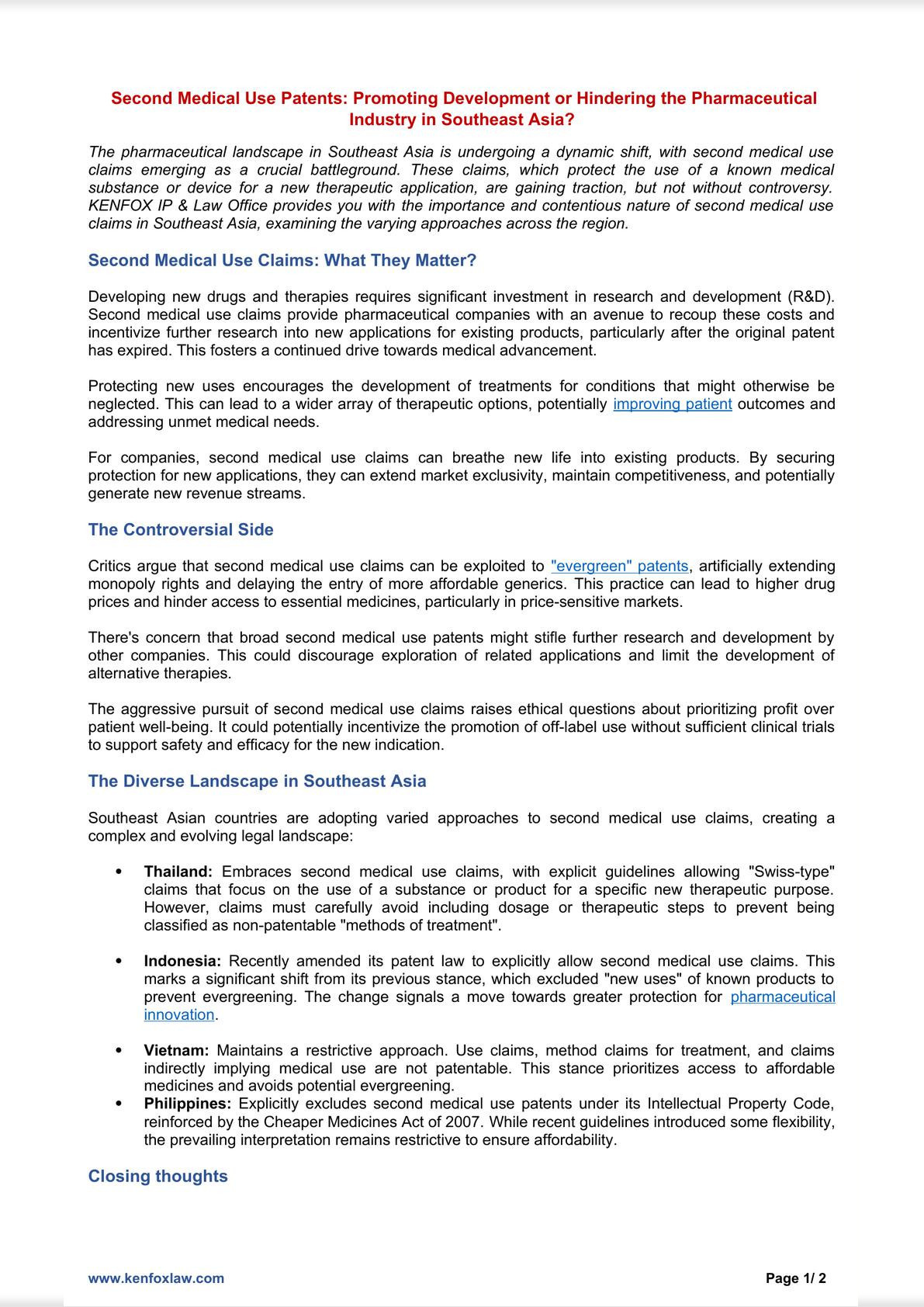 Second Medical Use Patents: Promoting Development or Hindering the Pharmaceutical Industry in Southeast Asia?-0