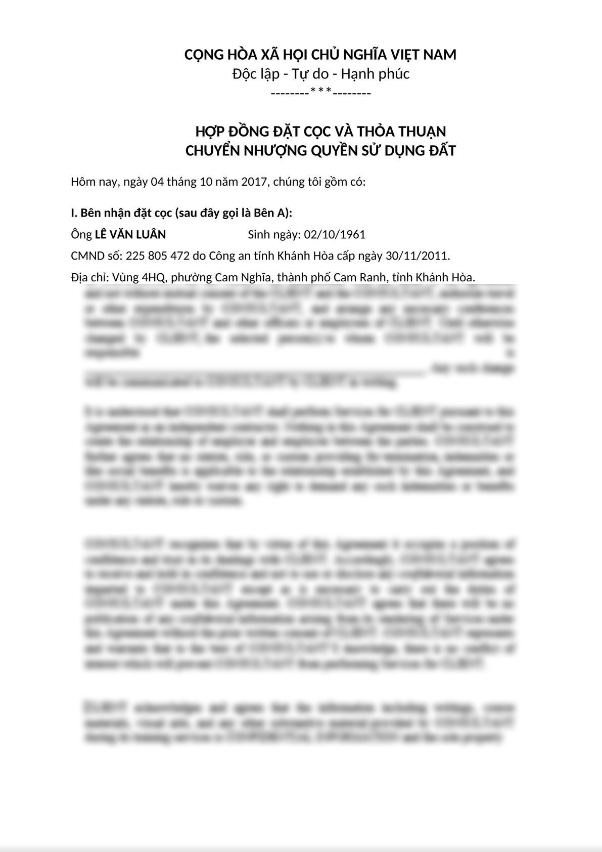 DEPOSIT CONTRACT AND AGREEMENT ON TRANSFER LAND USED RIGHT - Vietnamese - English-0