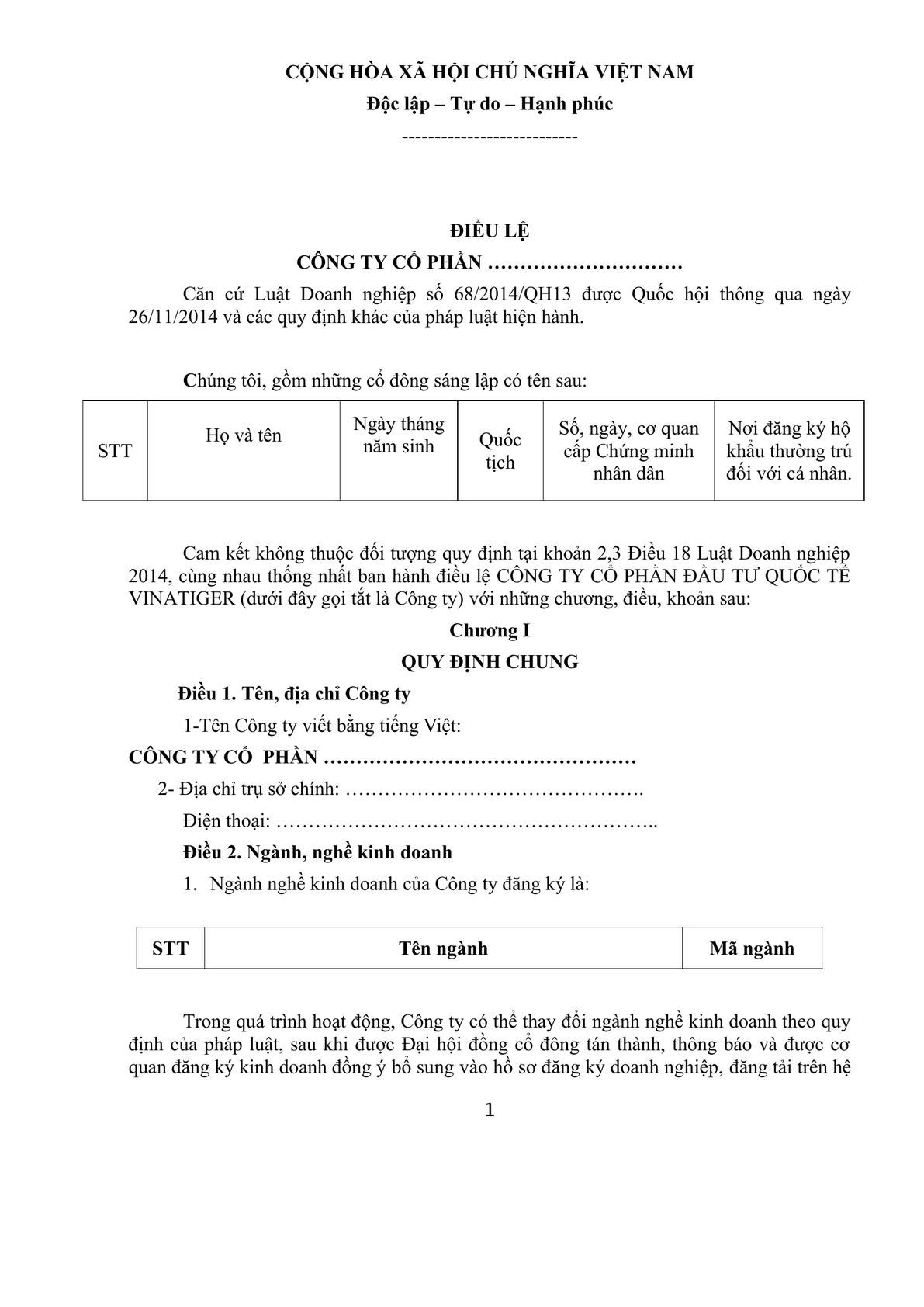 Charter Template for Joint Stock Company form in Vietnam-0