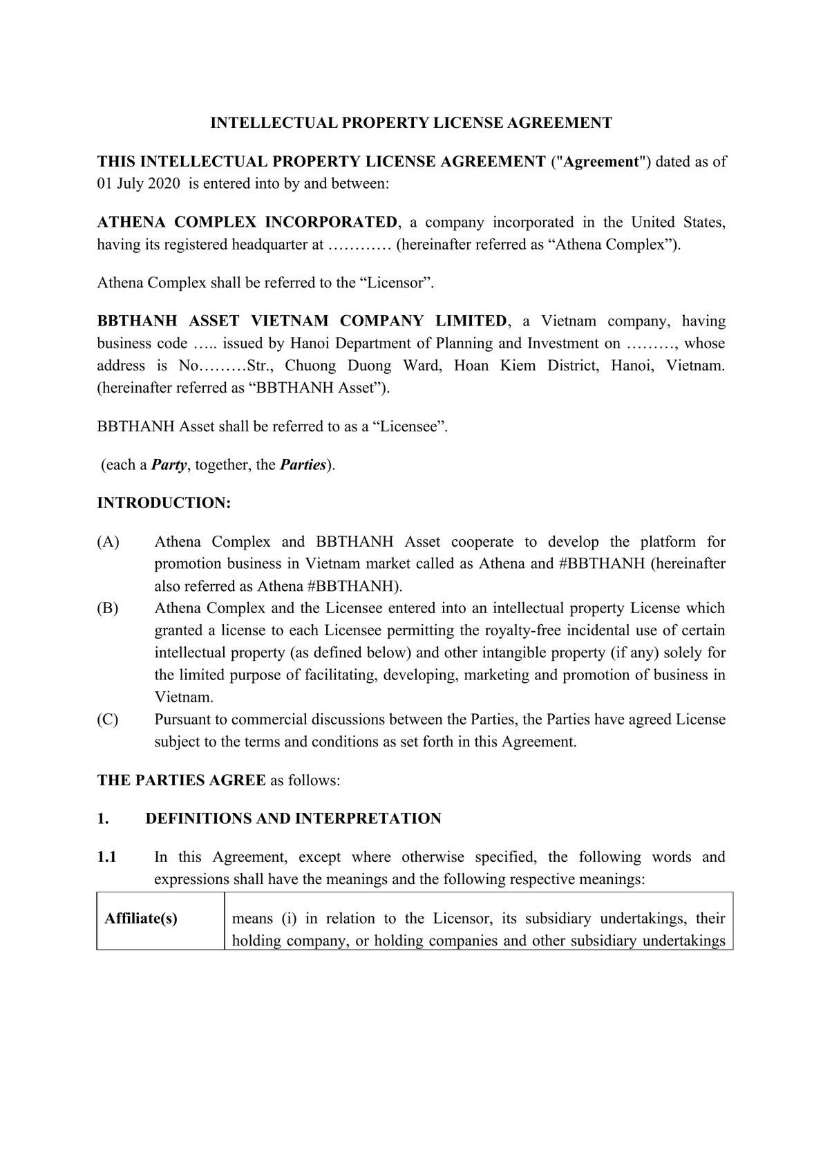 ip licensing agreement template