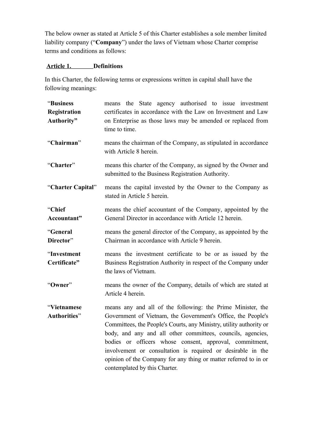 Charter template of sole member limited company in Vietnam (English)-0